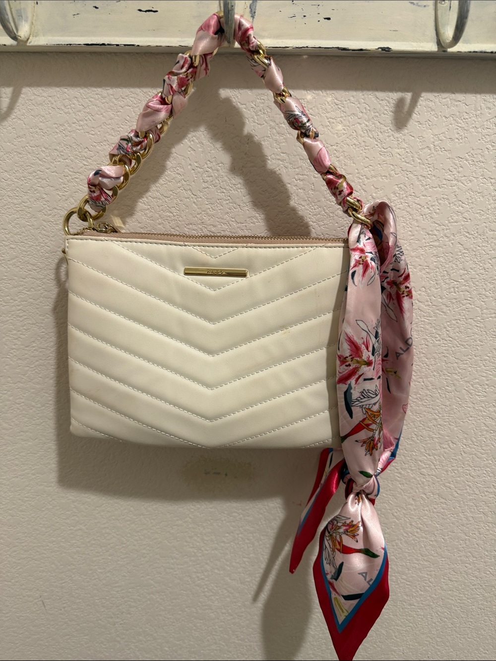 Aldo White Quilted Shoulder Bag with Pink Floral Scarf